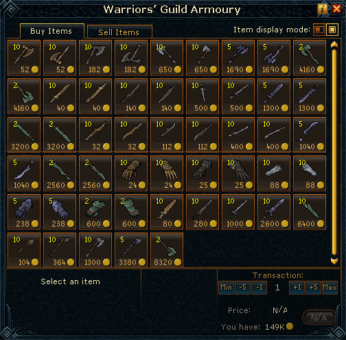 Warriors' Guild Armoury Slashing weapons