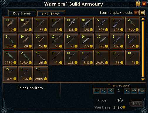 Warriors' Guild Armoury Stabbing weapons